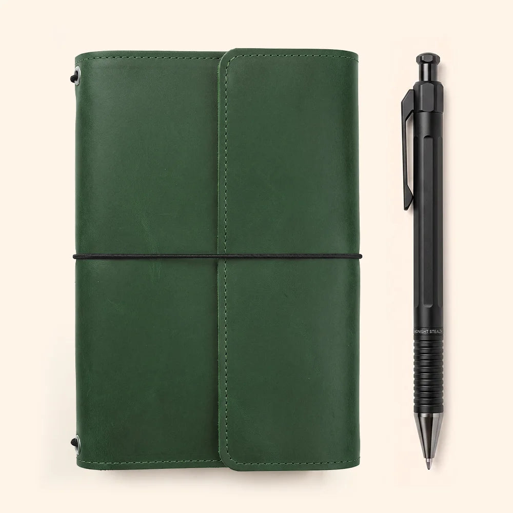 Handmade leather notebook cover featuring spacious pockets and an integrated pen loop