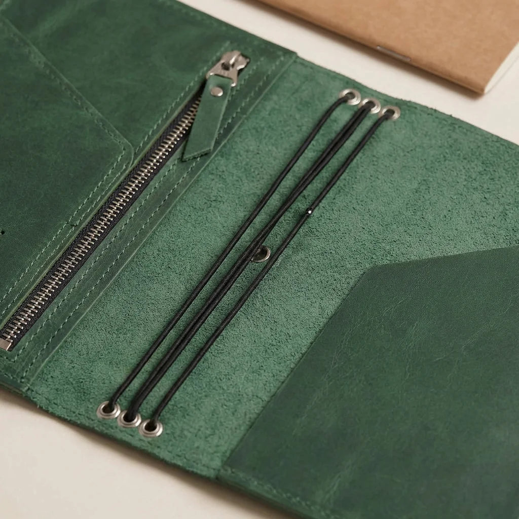 Green leather journal with zipper on a white background
