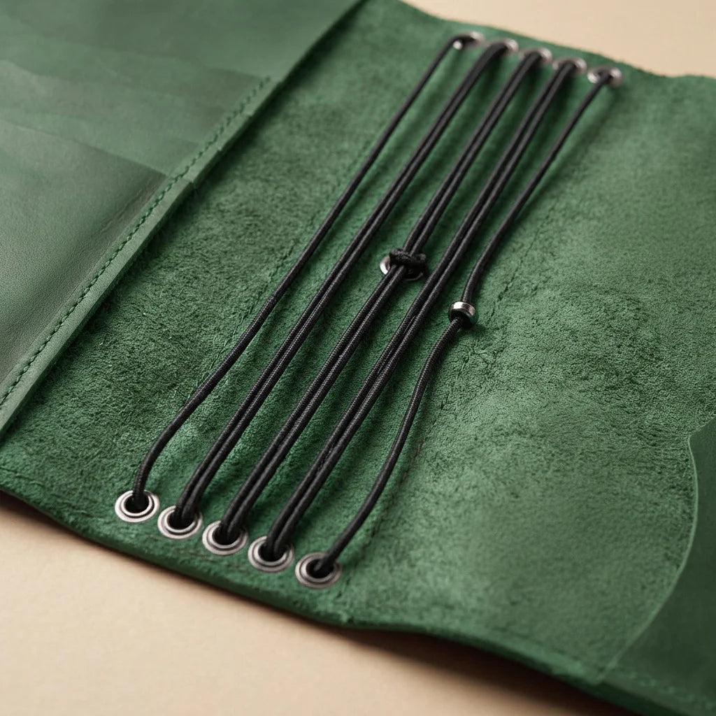 Green leather journal cover with black laces on a beige background