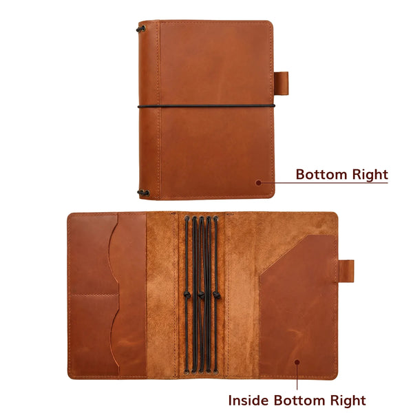 Brown leather journal shown from top and bottom perspectives on a white background