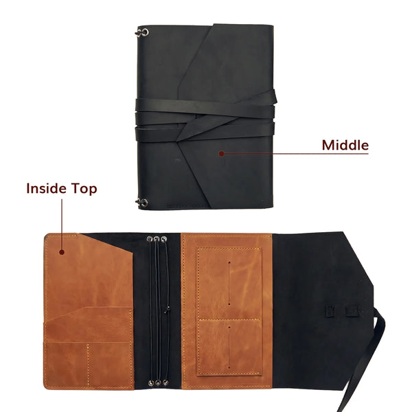 Black leather journal shown from top and bottom perspectives on a white background