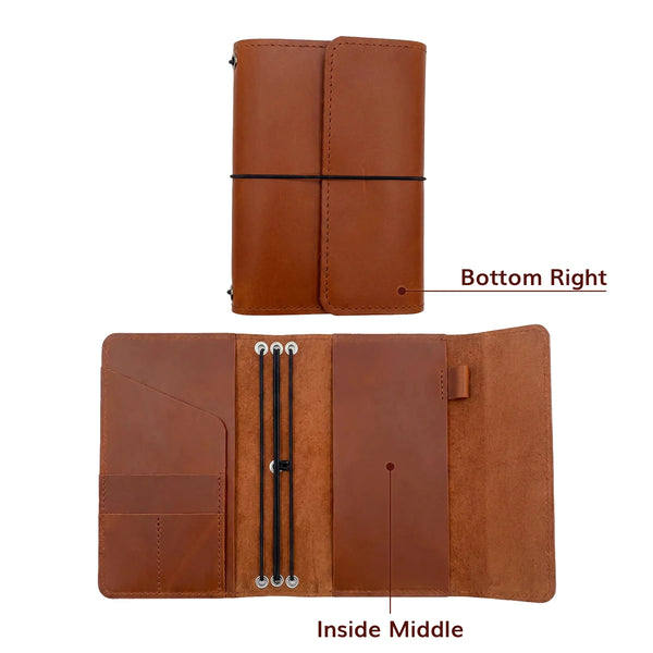 Brown leather journal shown from top and bottom perspectives on a white background
