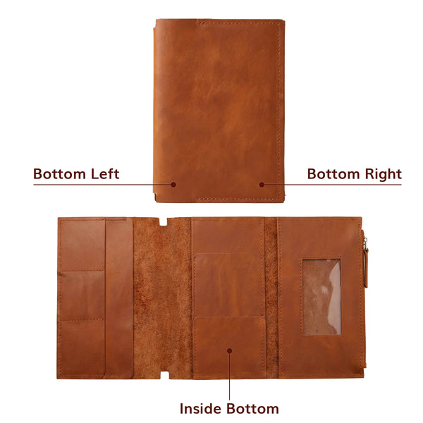 Brown leather insert Tressoro shown closed and open with personalization position markers