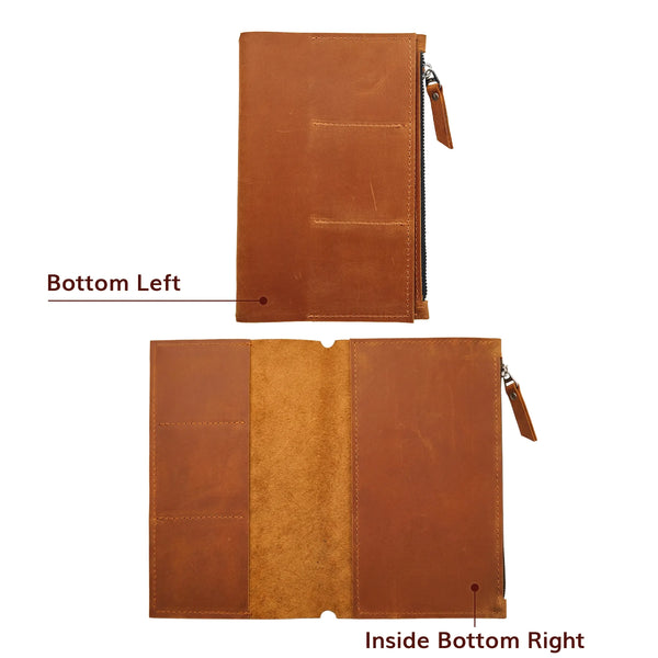 Brown leather insert Velmora shown closed and open with personalization position markers