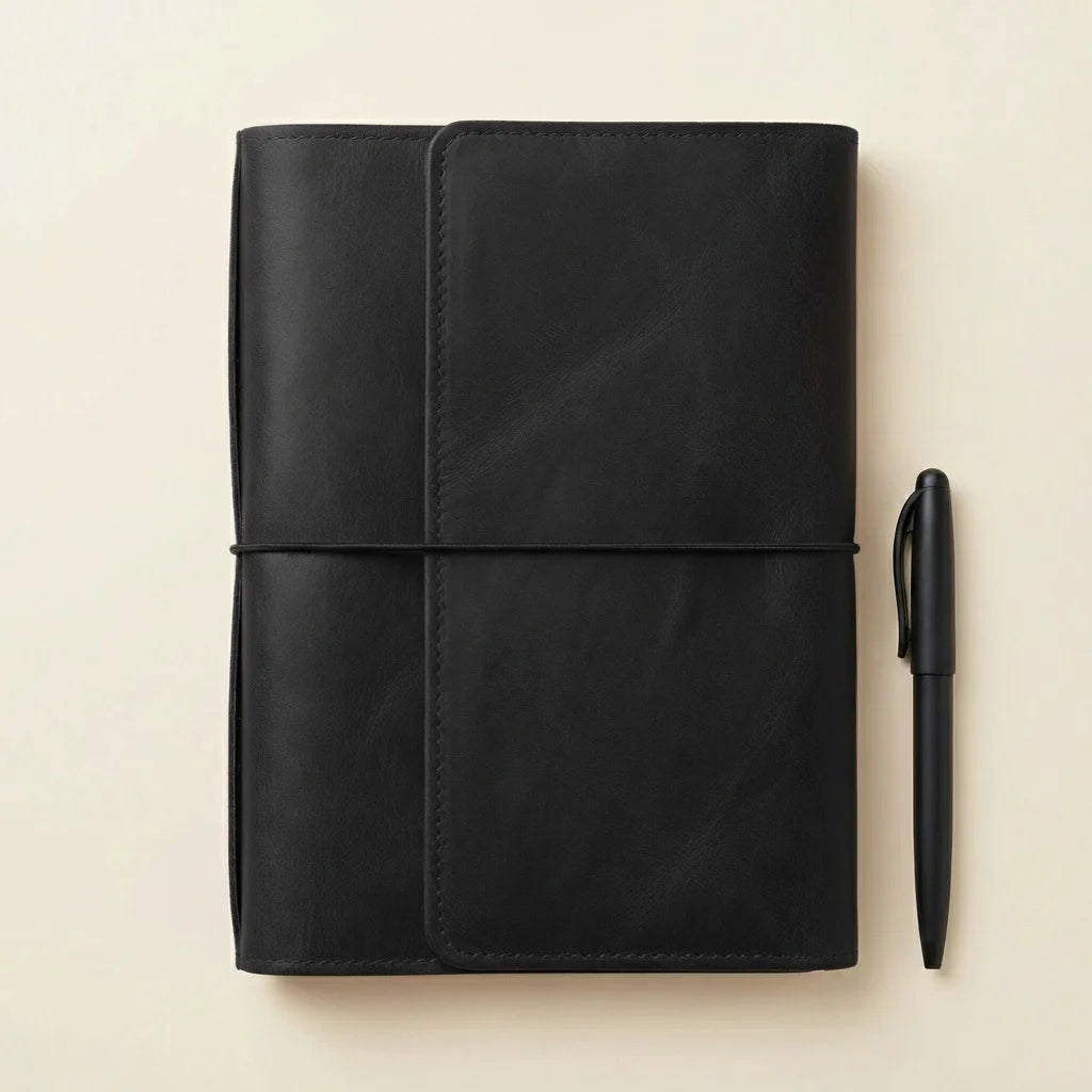 Black leather journal next to a white vase with dried flowers on a beige background
