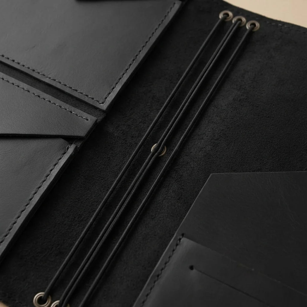 Close-up of a black leather journal with stitching details