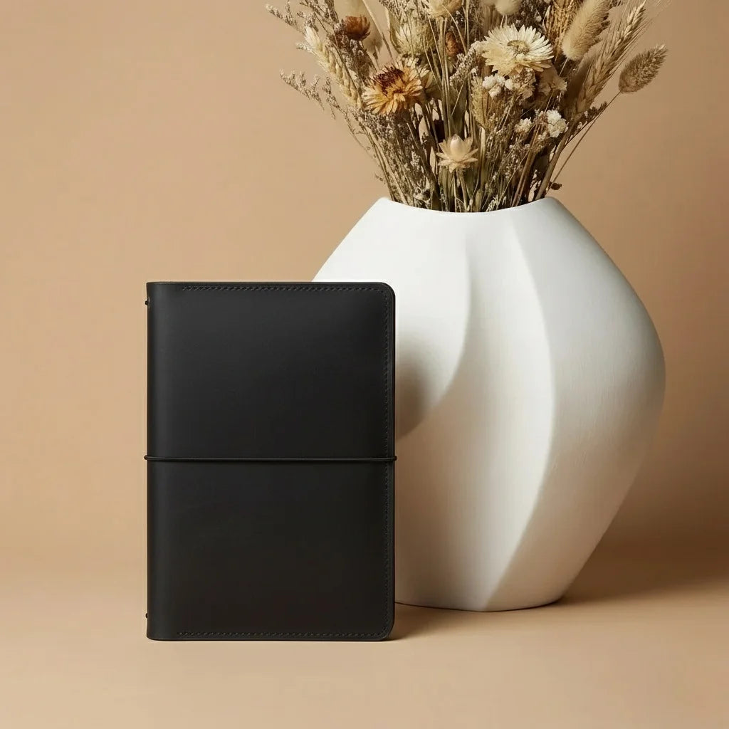 Black notebook next to a white vase with dried flowers on a beige background