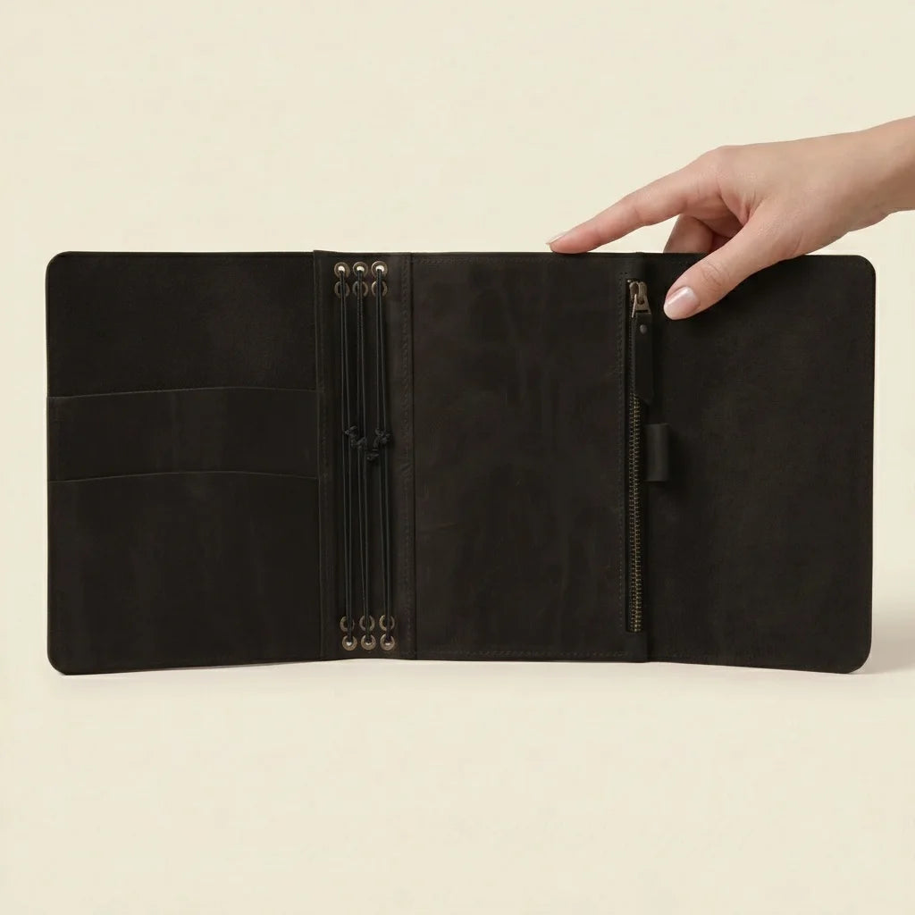 Black leather notebook and pen on a beige background