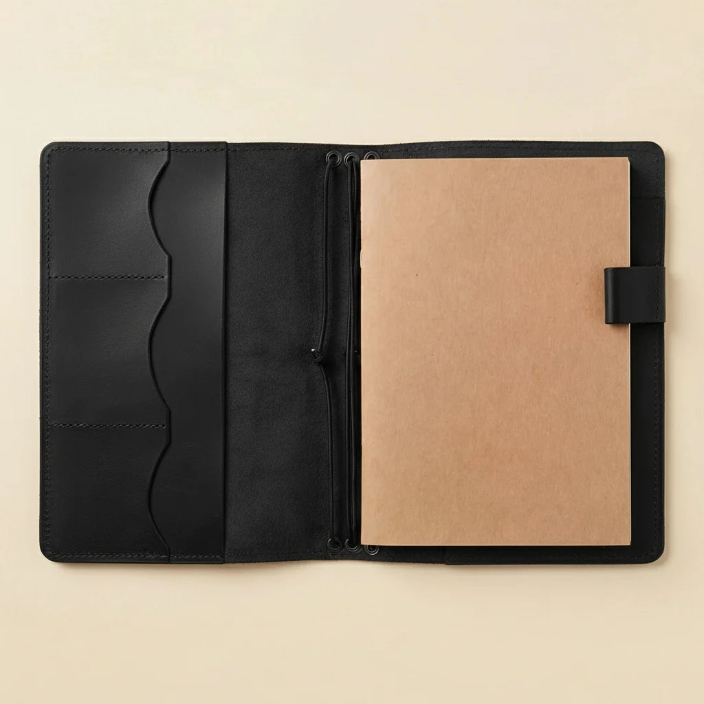 Black leather folio with beige interior on a beige background