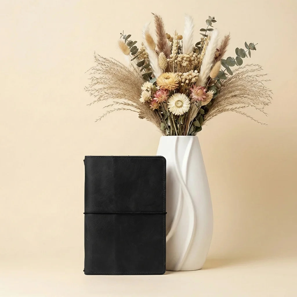 Black notebook and white vase with dried flowers on a beige background