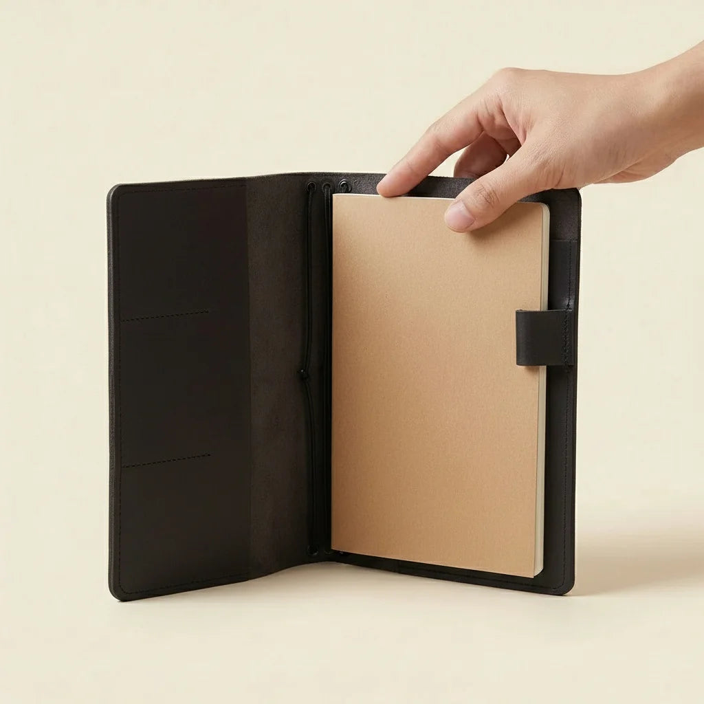 Hand opening a black leather-bound notebook with beige interior pages on a light beige background