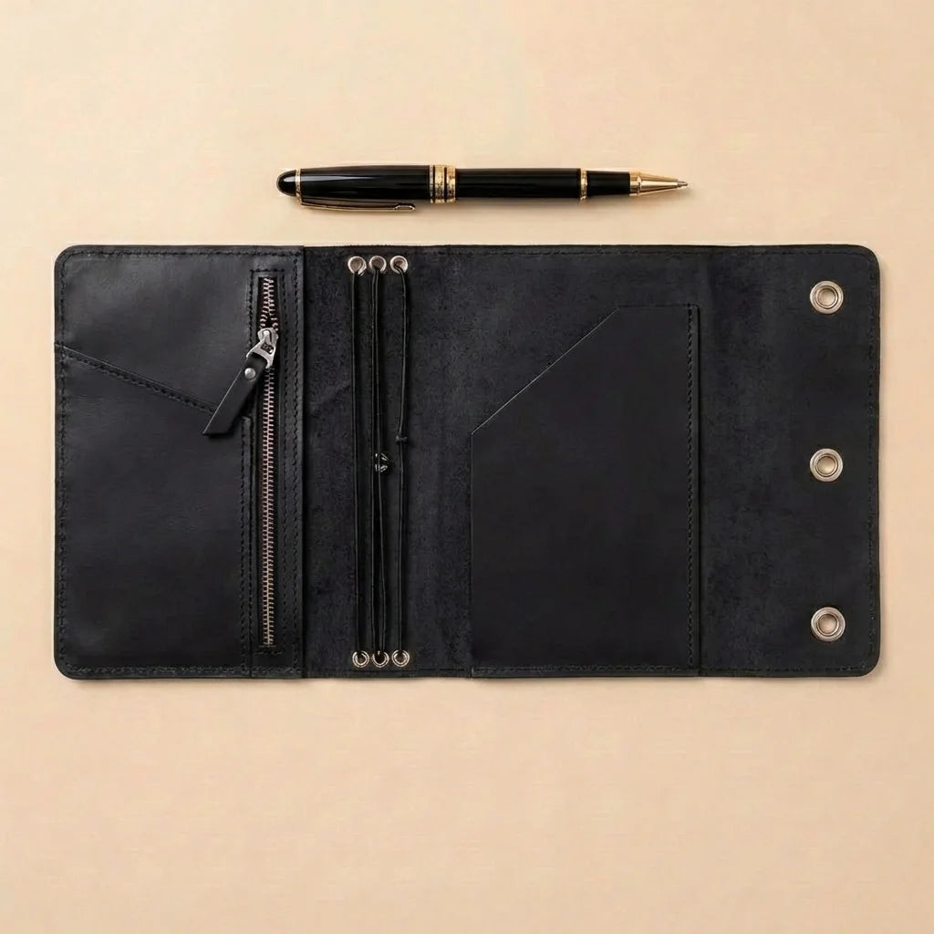 Black leather journal with zipper and buttons on a beige background