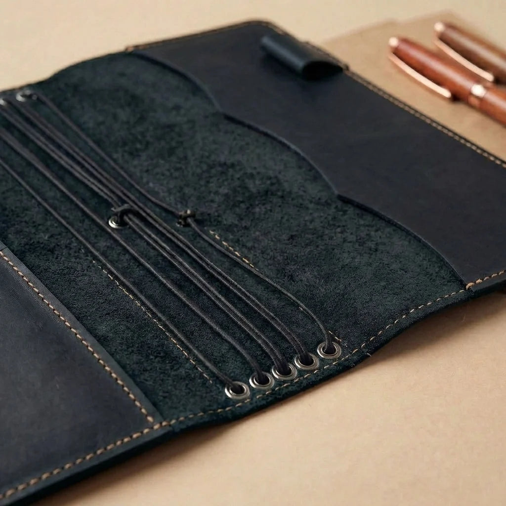 Close-up of a dark blue leather journal with stitching details on a beige surface.