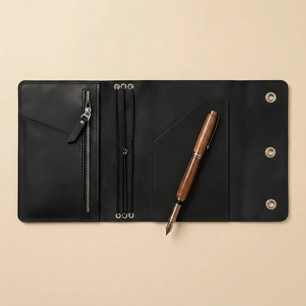 Black leather journal with a wooden pen on a beige background