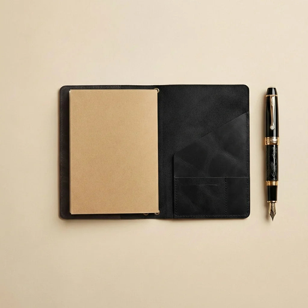 Black leather notebook with a pen on a beige background