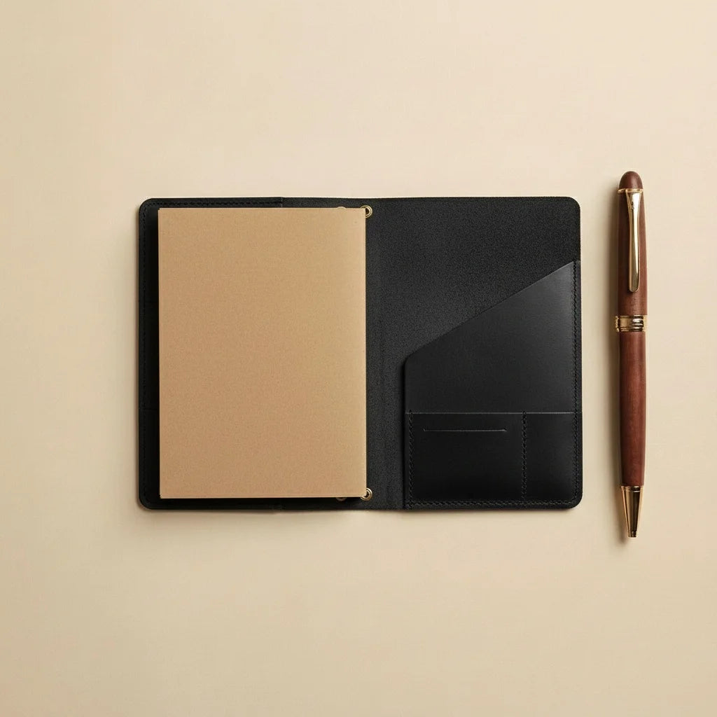 Black leather notebook with a pen on a beige background