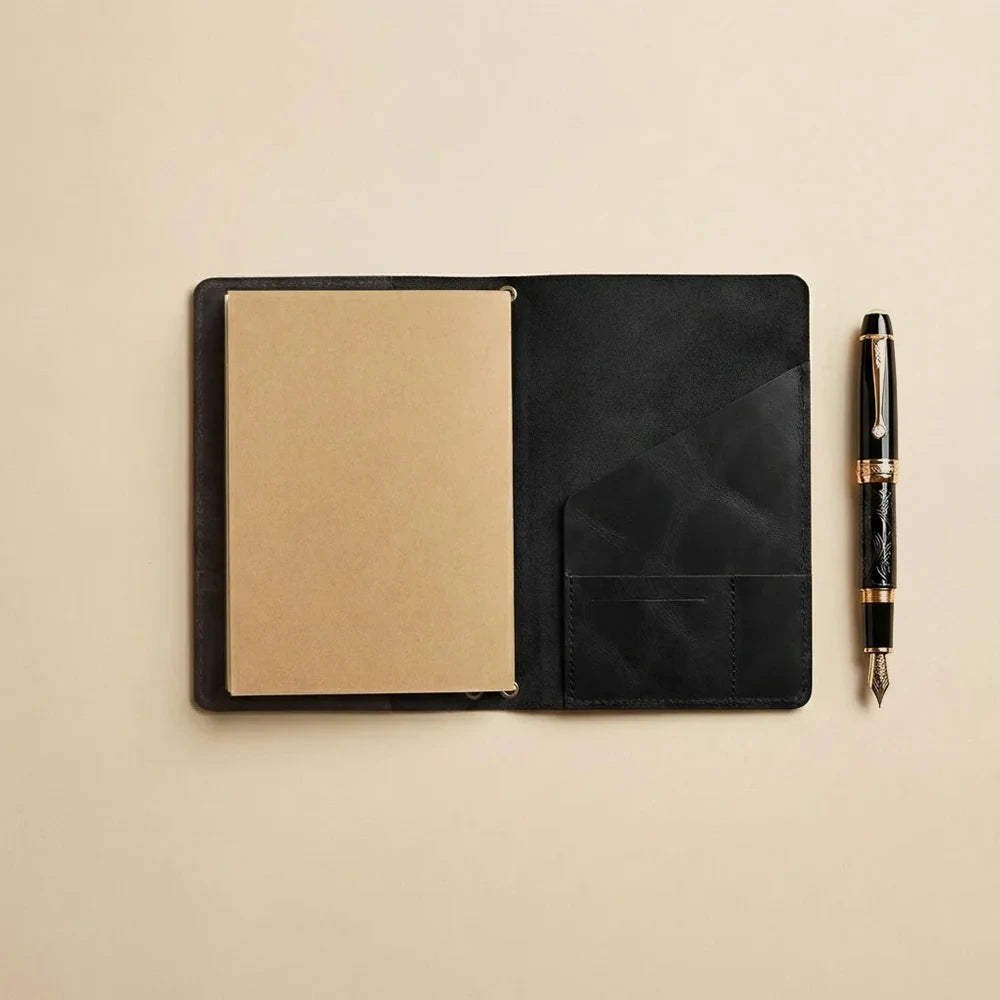 Elegant leather notebook case featuring organizer compartments and flexible elastic journal holders.