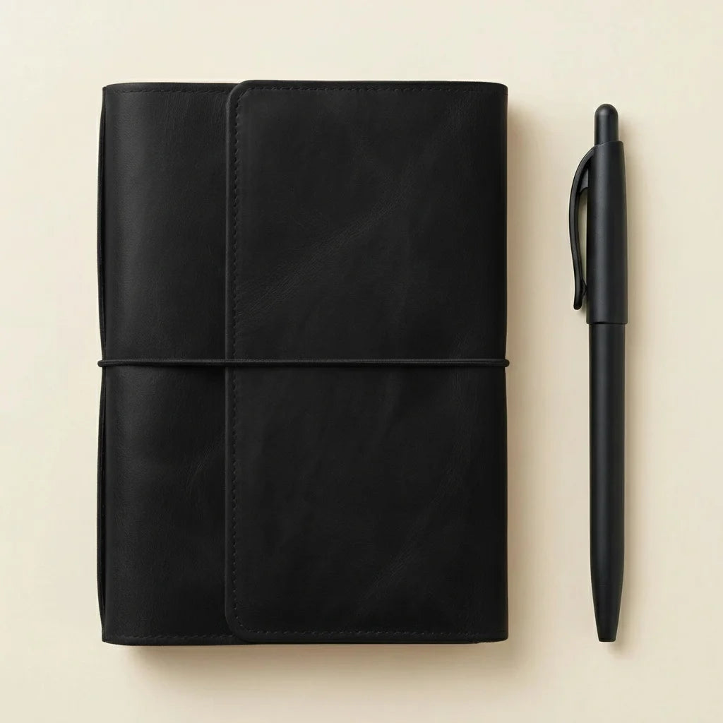 Black leather notebook and pen on a beige background