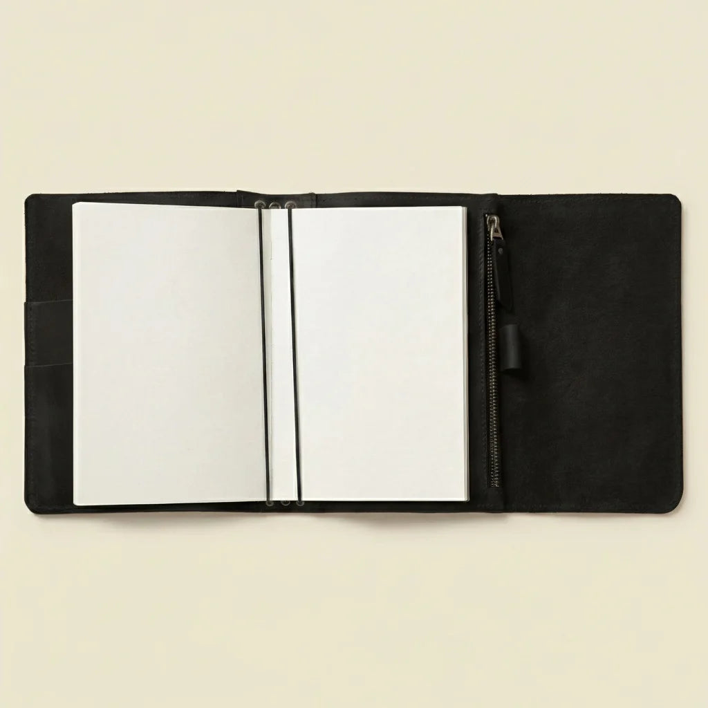 Black leather notebook with open pages on a beige background