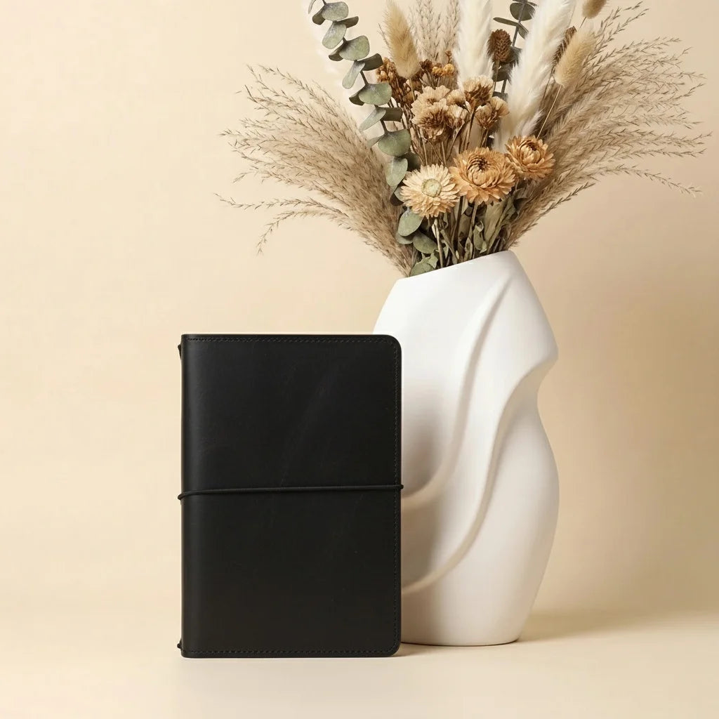Black notebook next to a white vase with dried flowers on a beige background