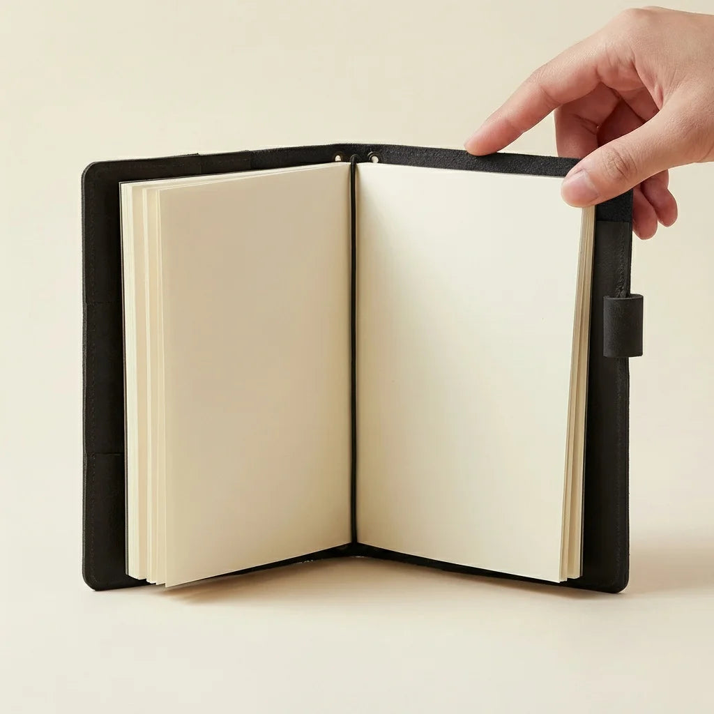 Hand holding a black leather journal against a beige background