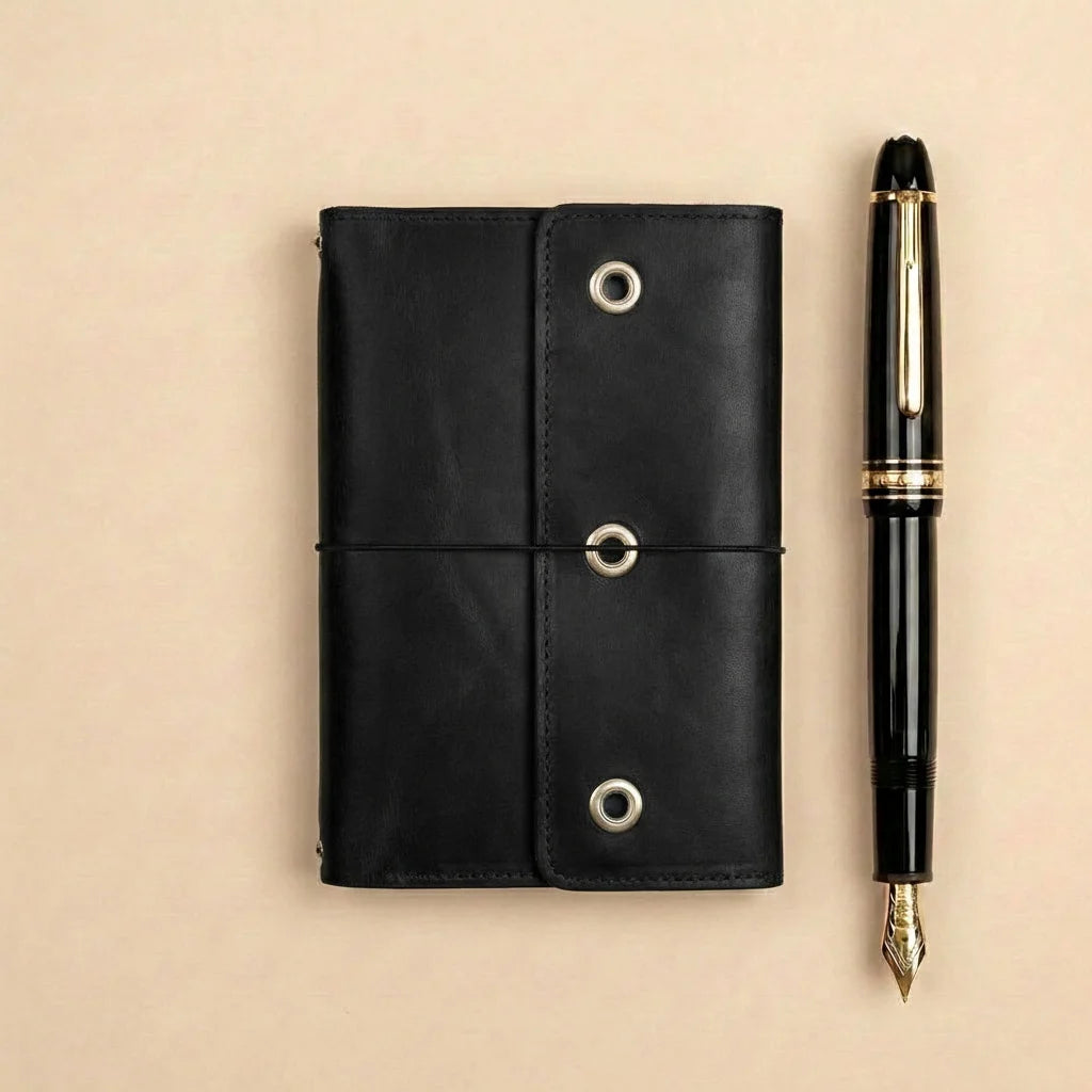Black leather notebook with gold accents and a black fountain pen on a beige background