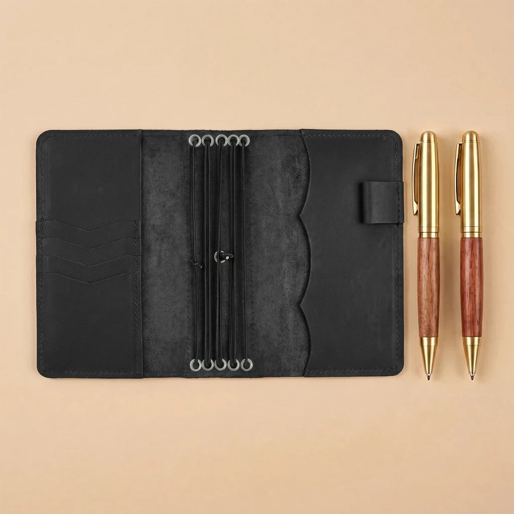 Elegant notebook organizer with durable leather and elastic bands