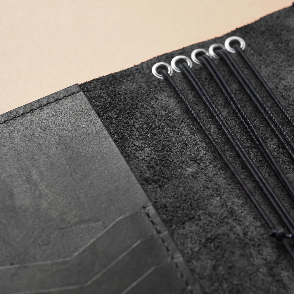 Leather travel notebook case with storage sleeves and pen loop