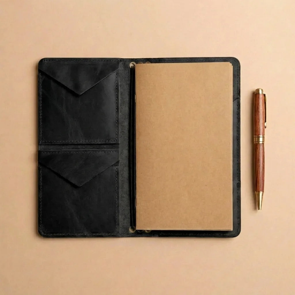 Black leather notebook with a pen on a beige background