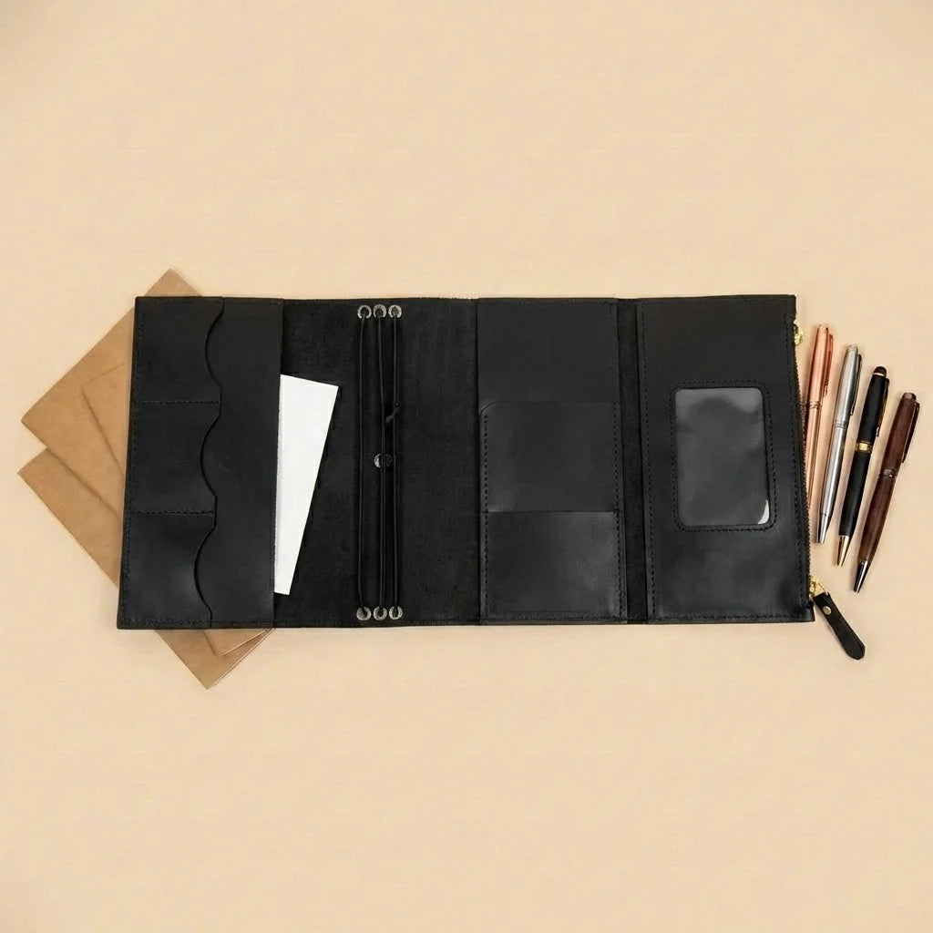 Black leather journal with pen holder on a beige background