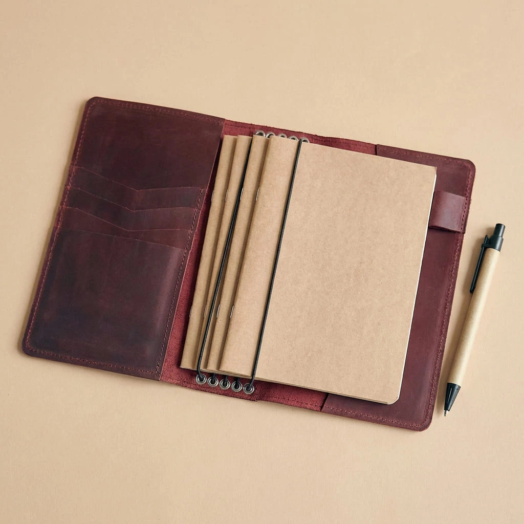 Brown leather notebook with beige pages and a pen on a beige background