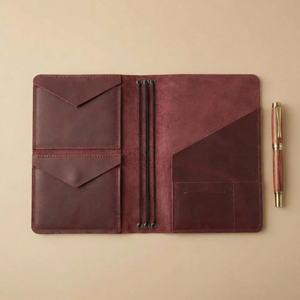 Brown leather journal cover with pen on a beige background