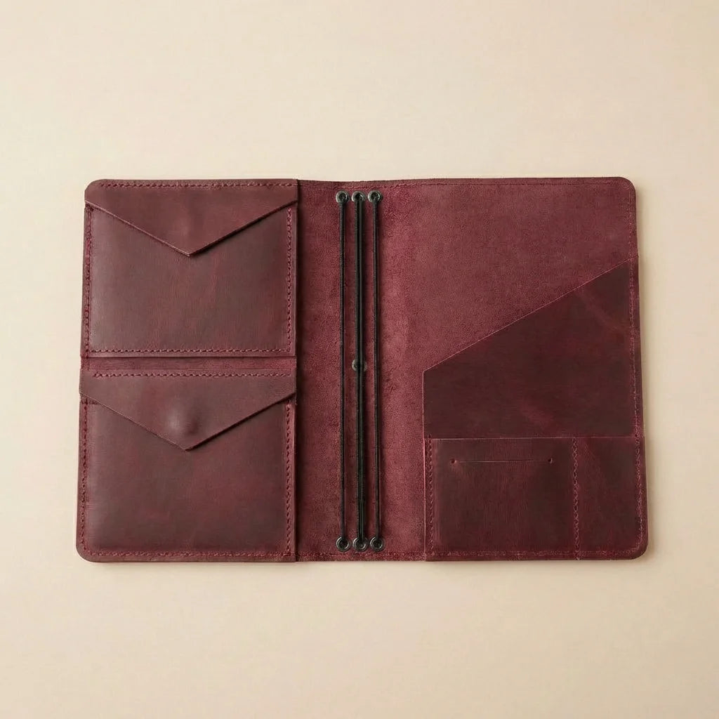 Brown leather journal cover on a beige background