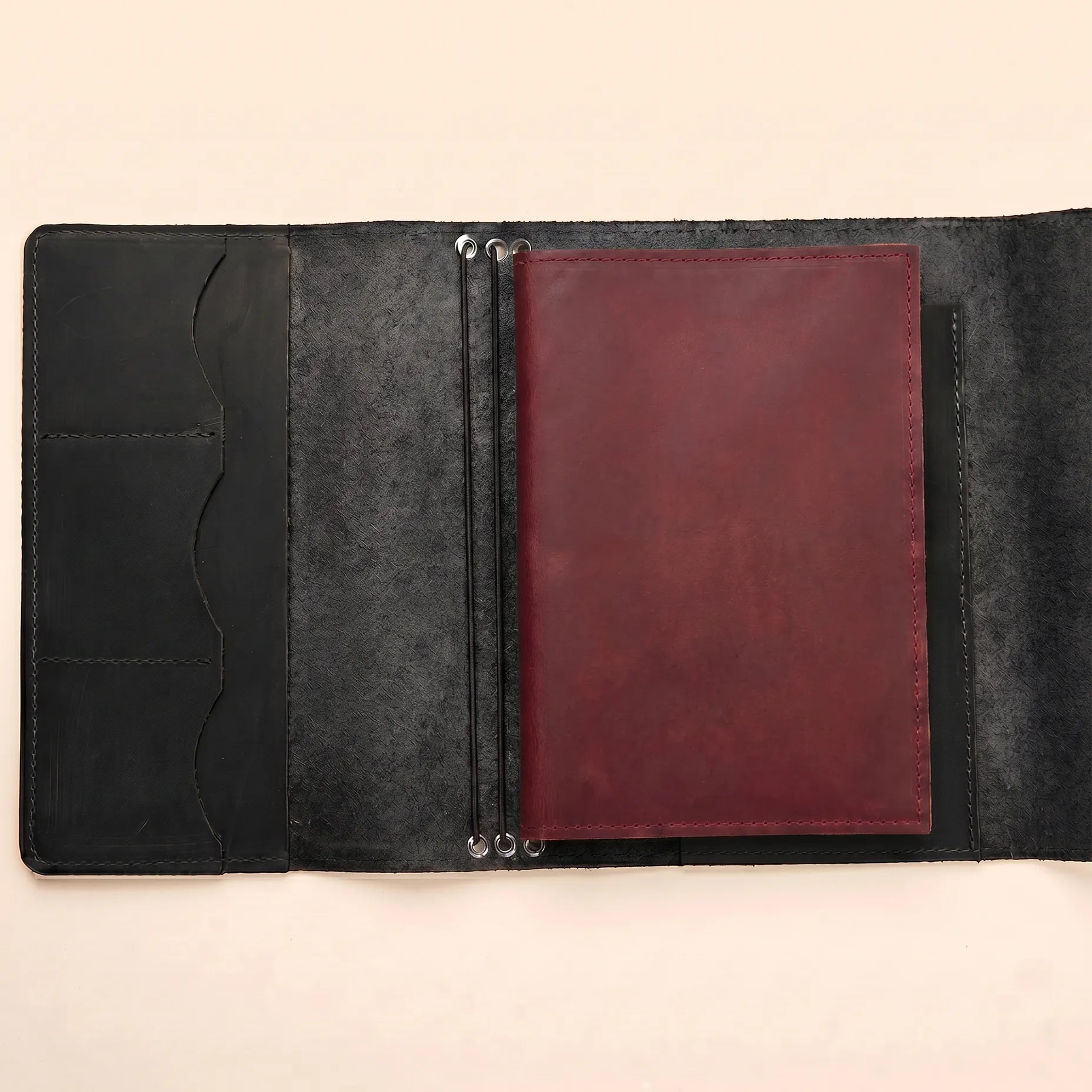 Handmade leather pocket insert compatible with elastic planner covers