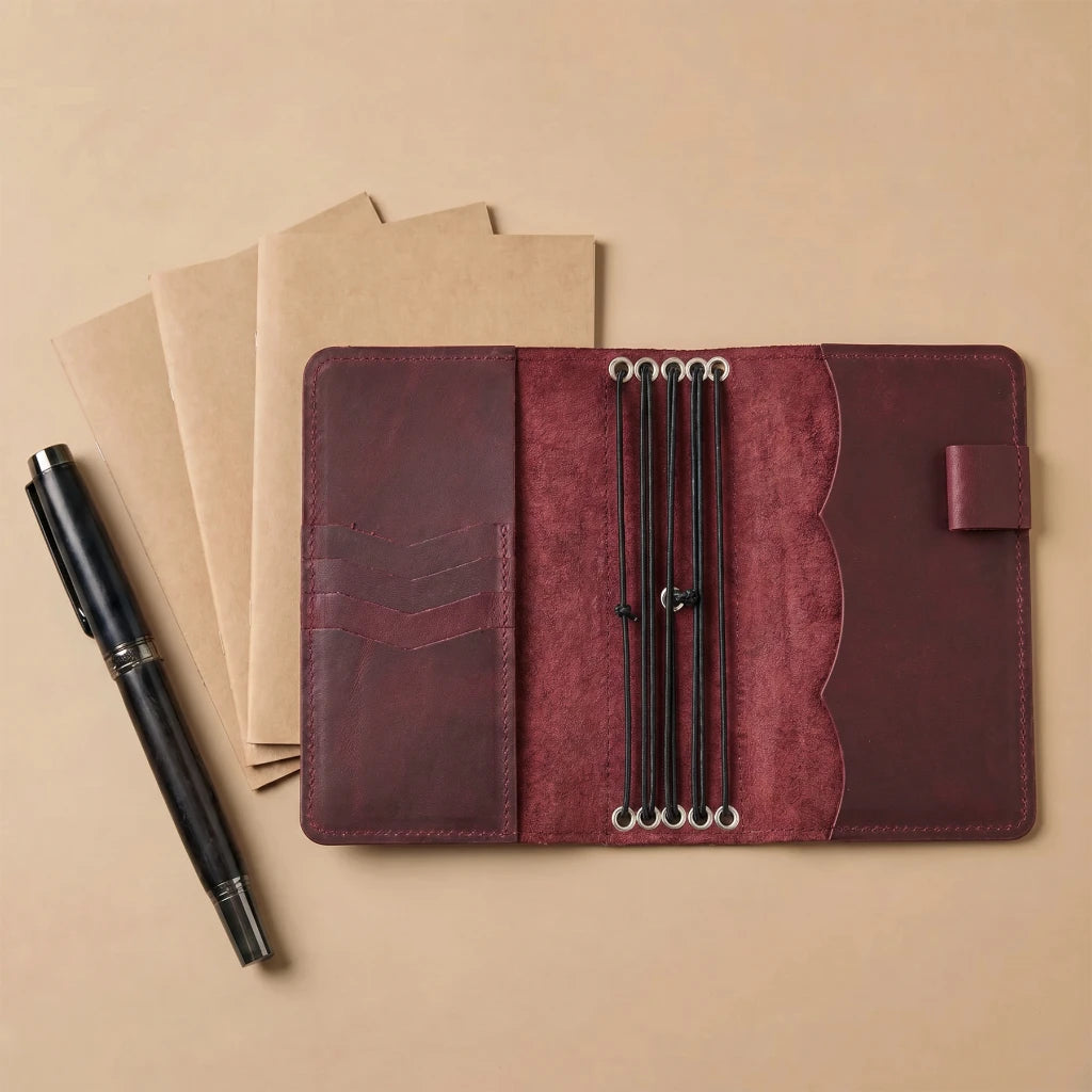 Refillable leather notebook organizer with elastic bands and card slots