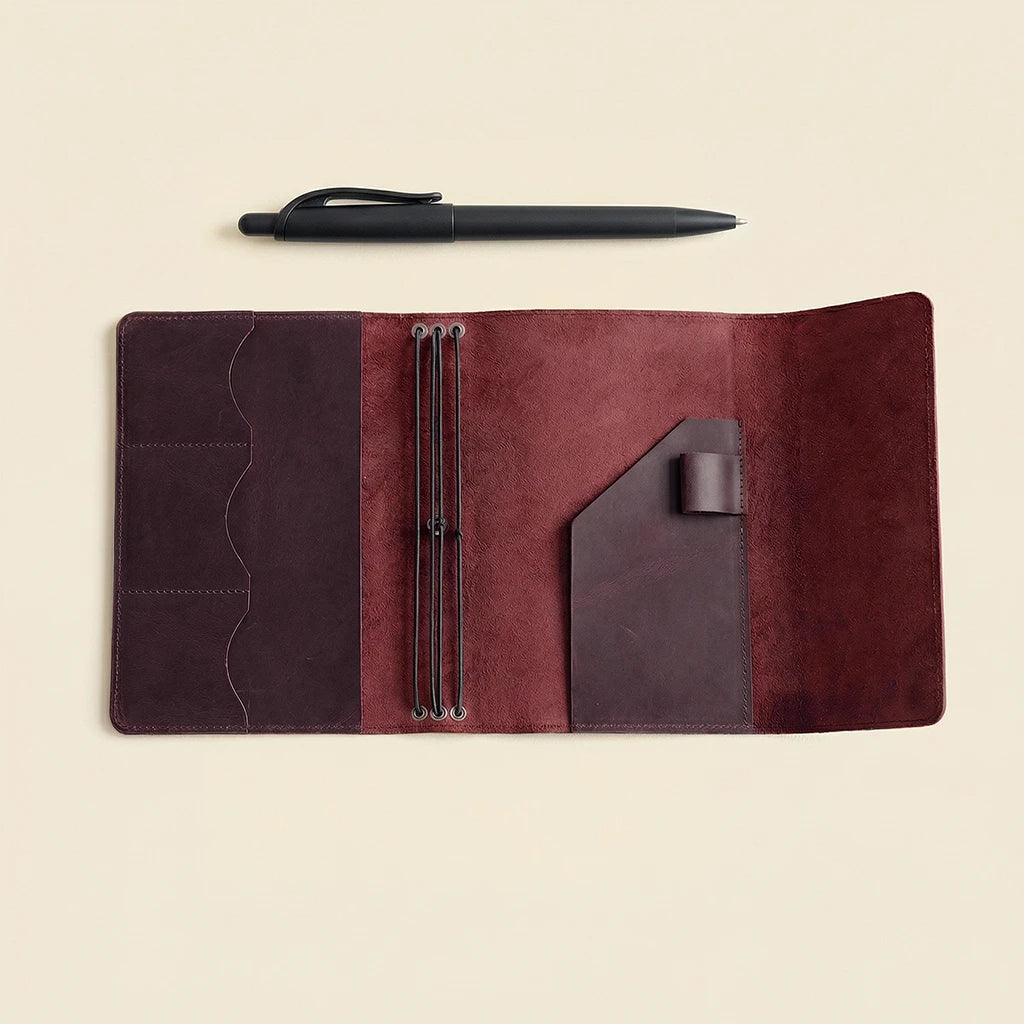 Brown leather journal with pen holder and black pen on beige background