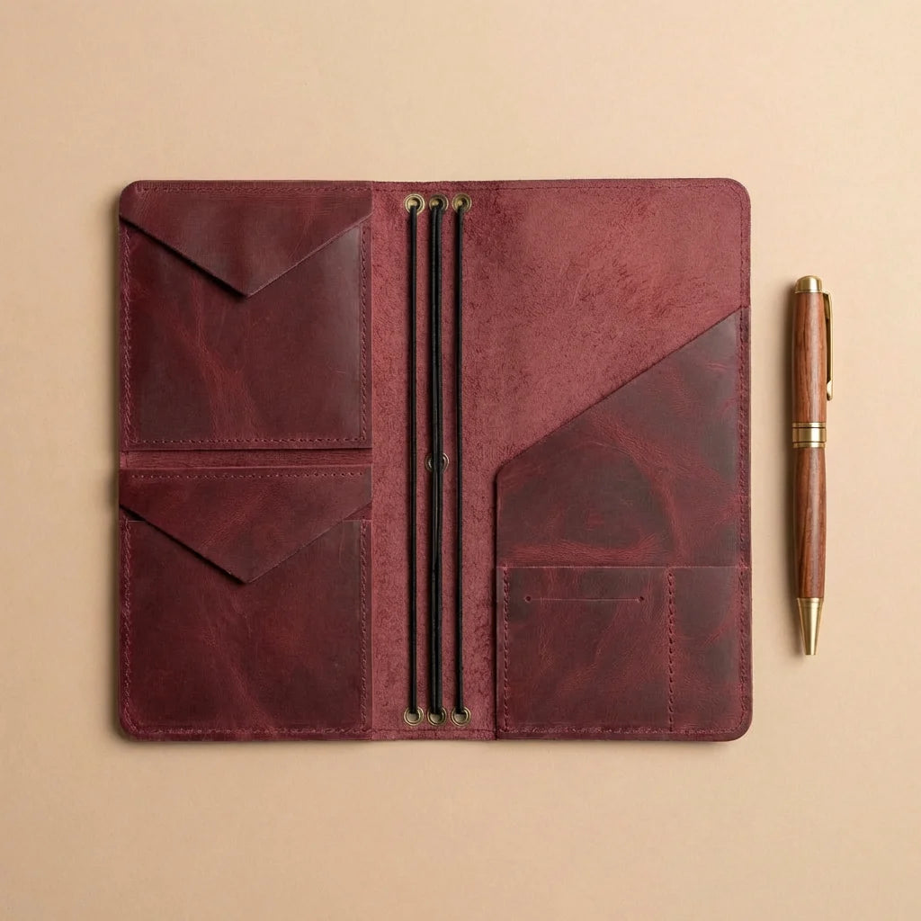Brown leather journal cover with a pen on a beige background