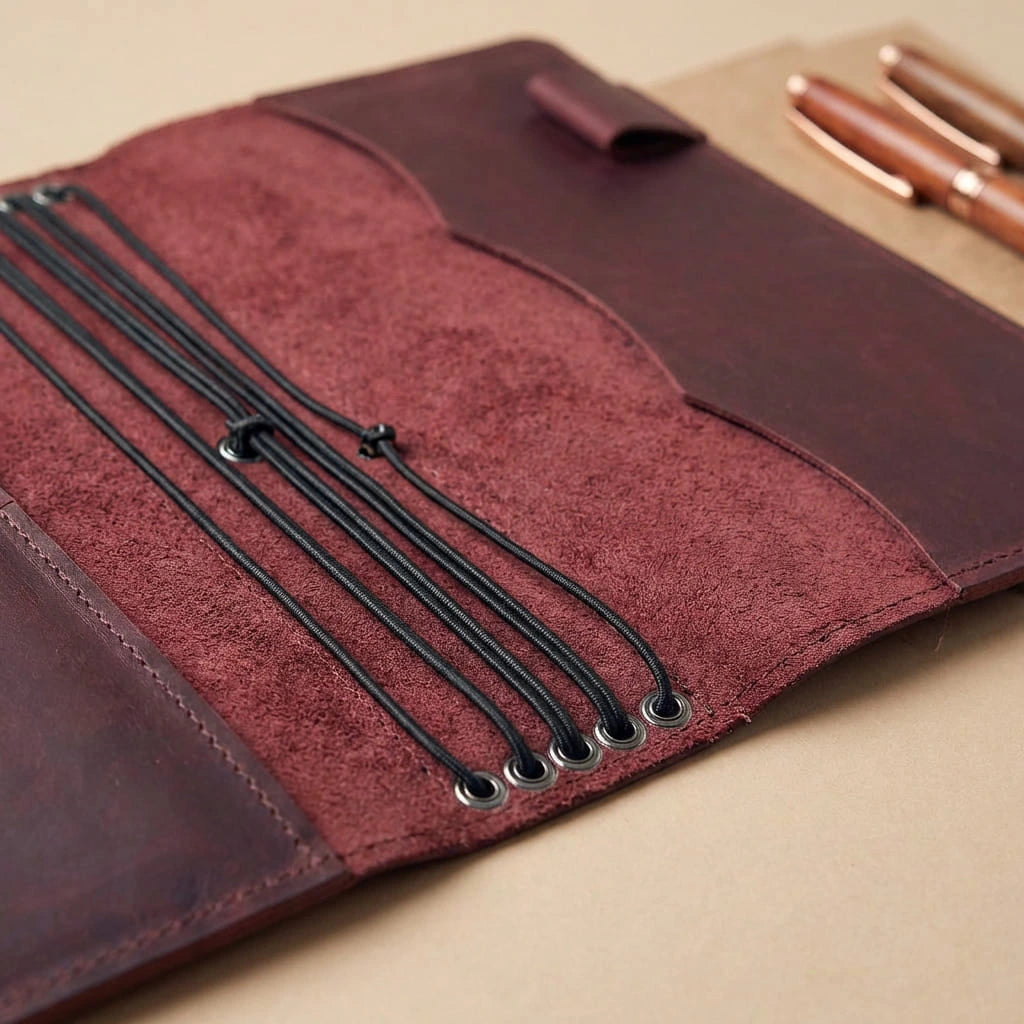 Close-up of a maroon leather journal cover with black stitching on a beige surface.