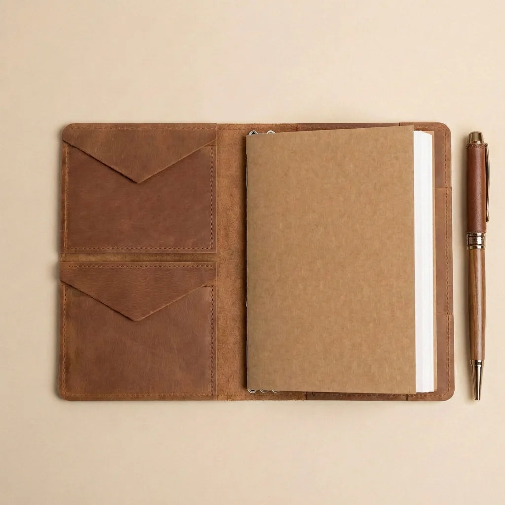 Brown leather notebook cover with a pen on a beige background