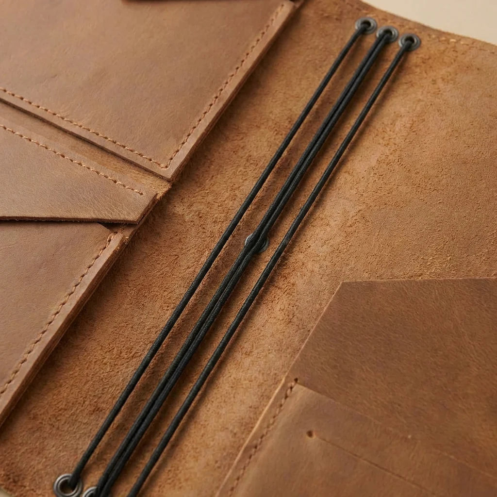 Close-up of brown leather journal cover with black strings