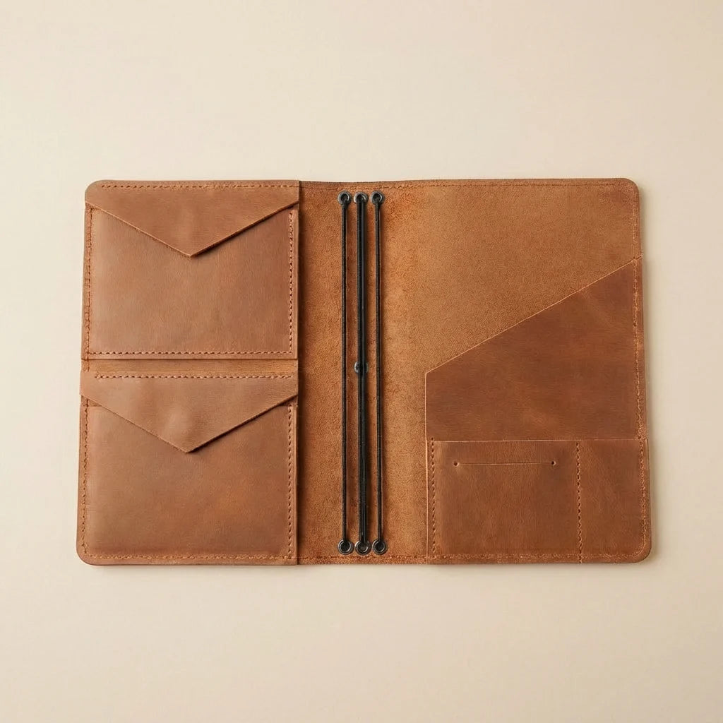 Brown leather journal cover with pen holder on a beige background