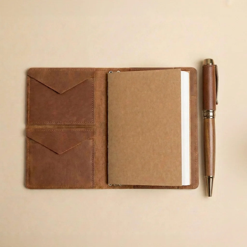 Brown leather notebook with a wooden pen on a beige background