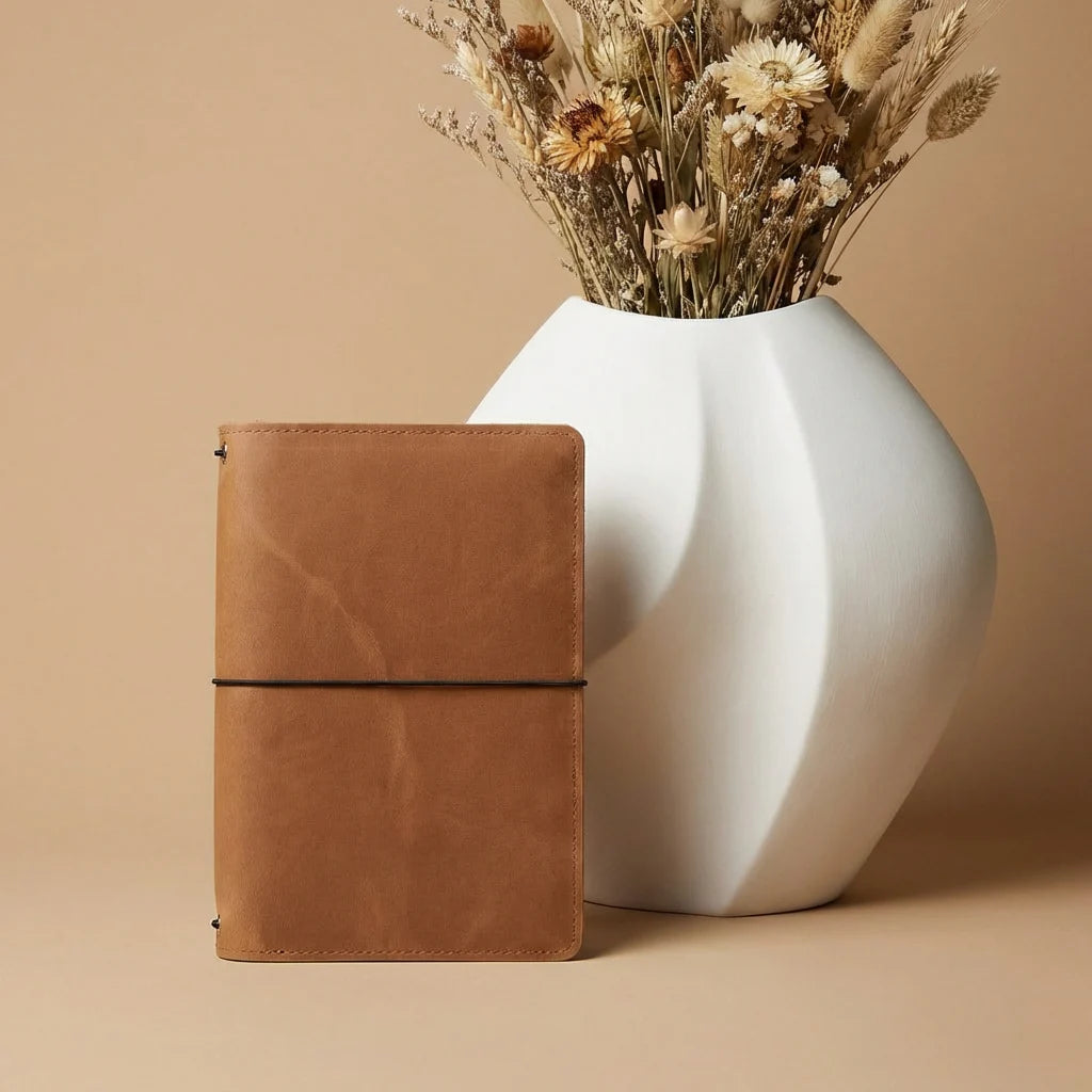 Brown leather notebook next to a white vase with dried flowers on a beige background