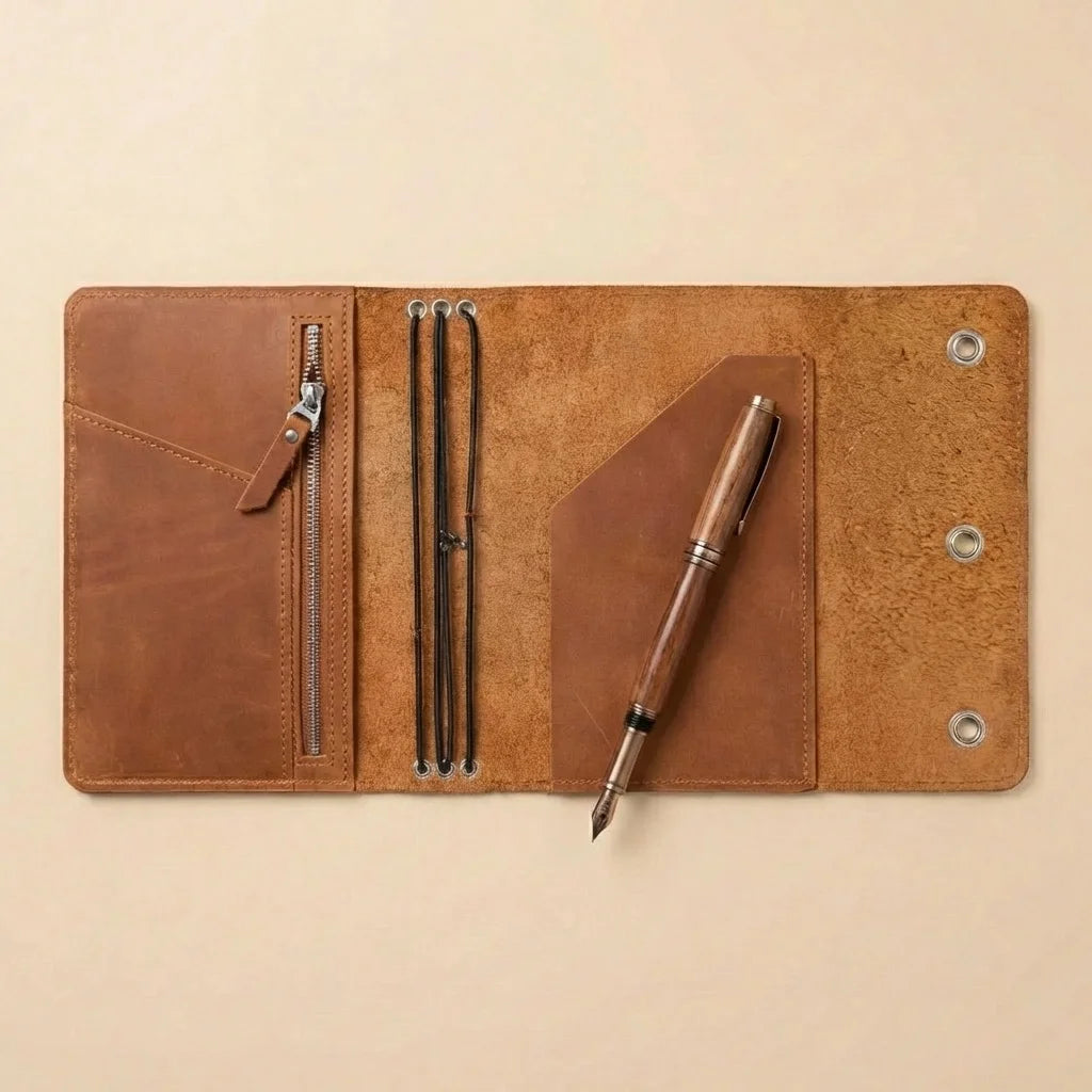Brown leather journal with pens and a pen on a beige background