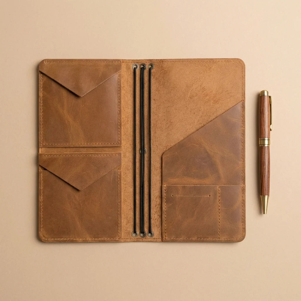 Brown leather notebook with pen on a beige background