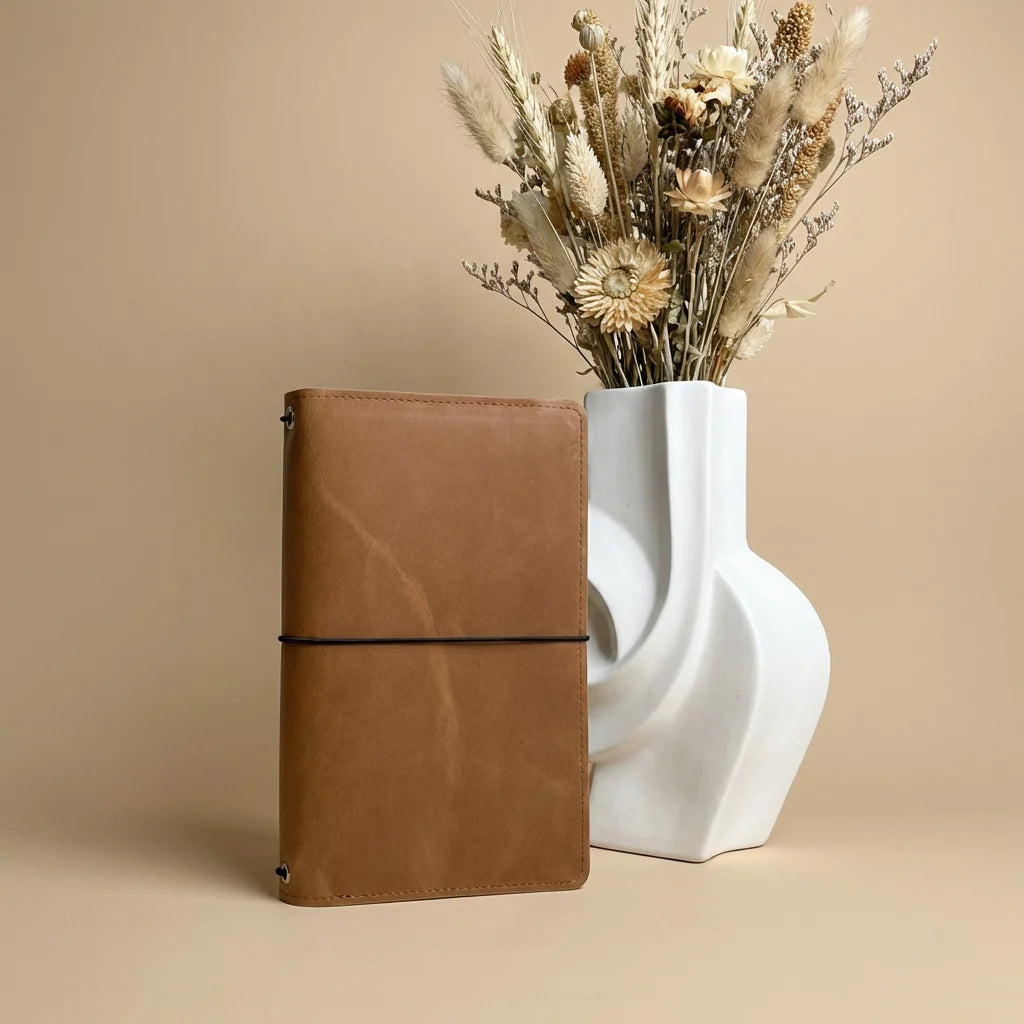Brown leather notebook next to a white vase with dried flowers on a beige background