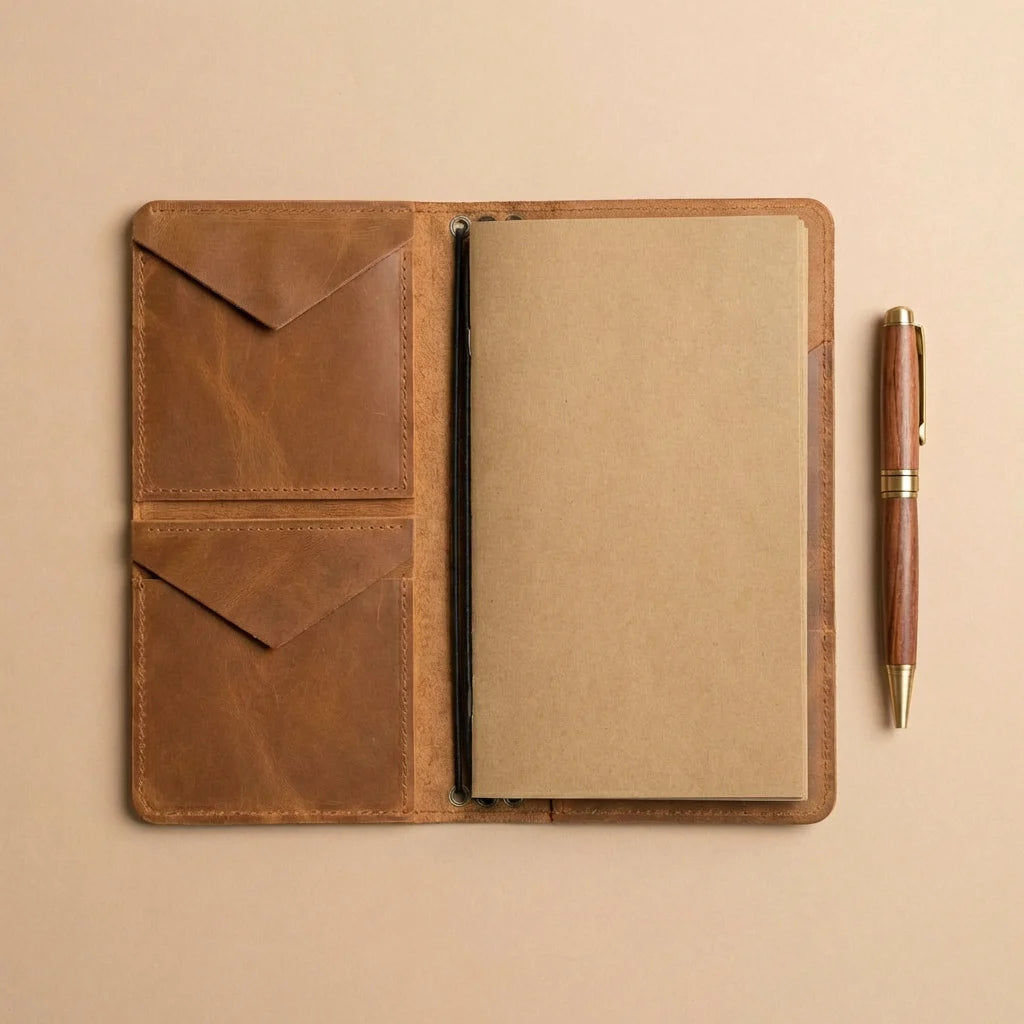 Brown leather notebook with a pen on a beige background