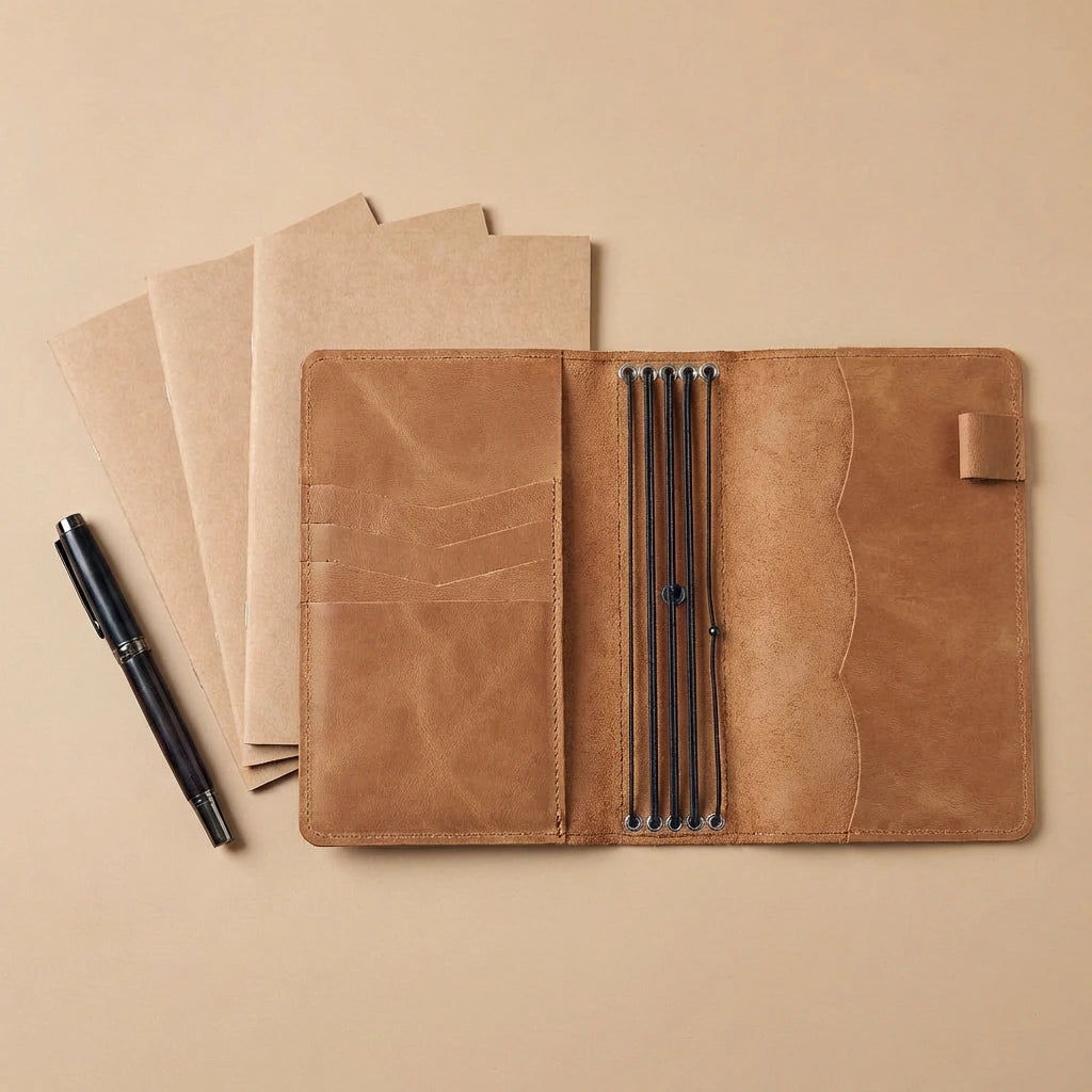Brown leather journal cover with pen and paper on a beige background