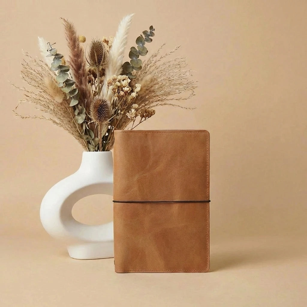 Brown leather notebook next to a white vase with dried plants on a beige background