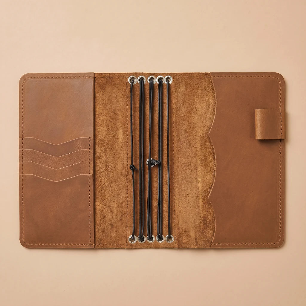 Personalized notebook cover with practical compartments and elastic bands